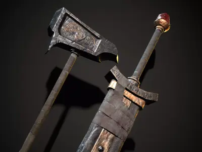 Great viking sword Great viking war hammer Medieval weapon pack Low-poly 3D model