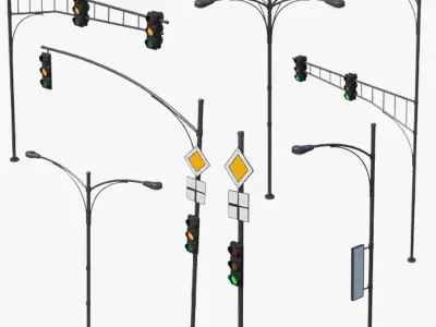 Street Traffic Light and Light Poles Collection 3D model