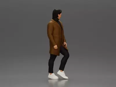 Man in brown coat glances sideways dressed in stylish winterwear 3D print model