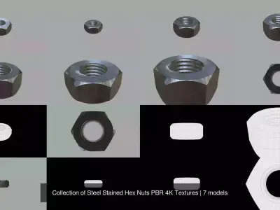 Collection of Steel Stained Hex Nuts PBR 4K Textures 3D Model Pack