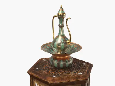  Middle Eastern Pitcher Set on Hand-Carved Side Table 