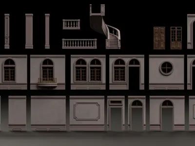 CLASSIC EUROPEAN KITBASH 02 MODULAR BUILDING WITH INTERIOR Low-poly 3D model