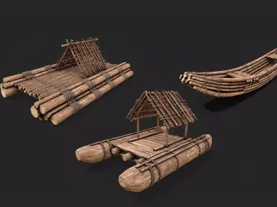 Primitive Wooden Raft Survival Boat PBR Collection 3D Model Pack