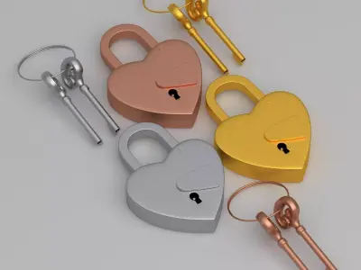 Vintage Love Heart PADLOCK With SKELETON Keys Collection 3D model