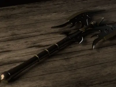 3D Axe gold sword on wooden table 3D model