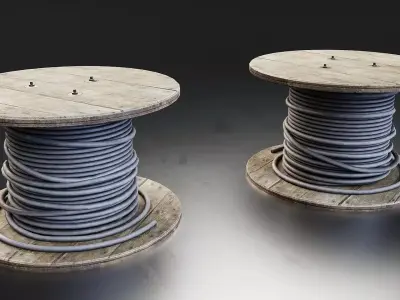 Wooden Cable Reel with Telephone Cable Low-poly 3D model