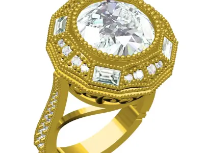 Antique Round Cut White Diamond Art Deco Engagement Ring 3D print model