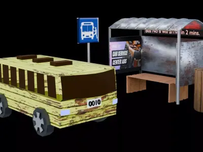 3d modeling low poly  old bus and bus stop  Low-poly 3D model