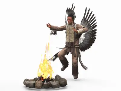  Native American Indian and Totem with Campfire 