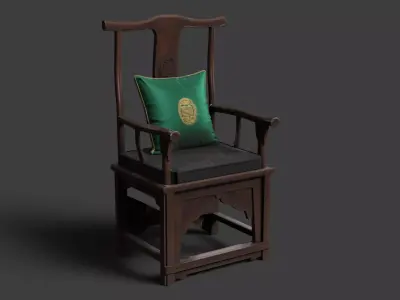 Chinese Dark Cherry Wooden Arm Chair with Pillow  Low-poly 3D model
