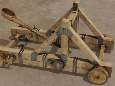 Catapult PBR 4K wooden cart Low-poly 3D model
