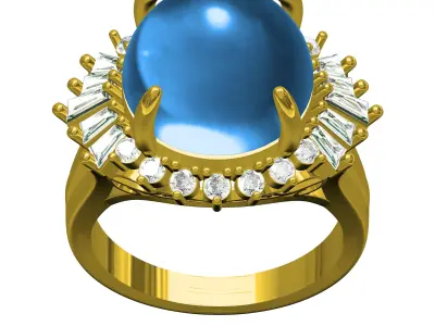 Antique Cabochon Stone Round and Baguette Diamond Cluster Ring 3D print model