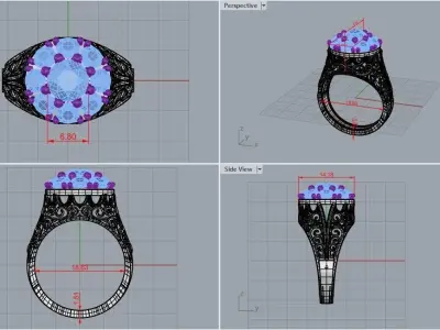 9 gem gold ring with diamonds and filigree 3D print model