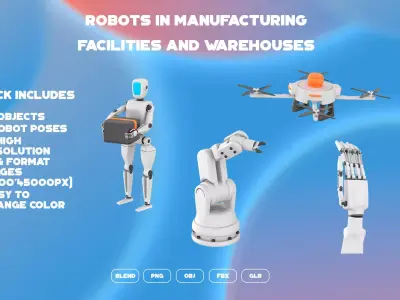 Robots In Manufacturing Facilities And Warehouses 3D Icon Set 3D model