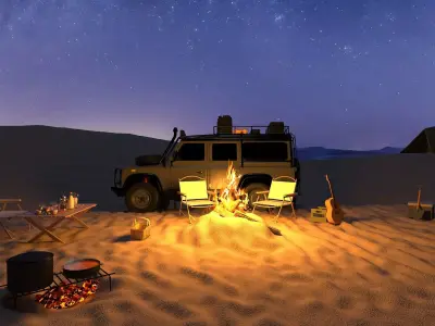 Desert car camping  Outdoor campsite Tent camp 3D model Low-poly 3D model