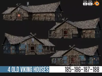 4 Old Viking Houses Pack 4K Textures GameReady 185 to 188 Low-poly 3D model