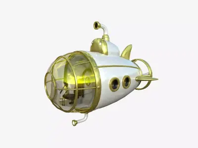 Submarine Cartoon A06 White Gold - Sub Watercraft Vehicle Low-poly 3D model