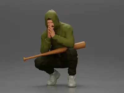 Gangster crouching low in green hoodie holding bat planning move 3D print model