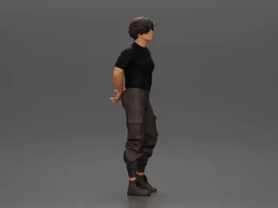 Man with messy hair wearing black shirt and cargo pants 3D print model