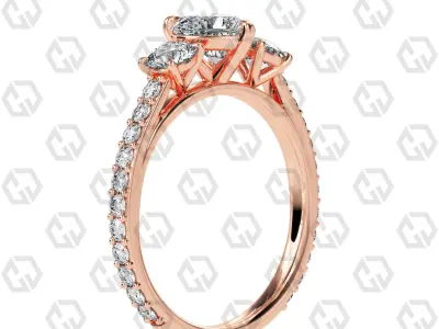 Ring 124 Heart cathedral pave set shank 3 stone ring 3D print model