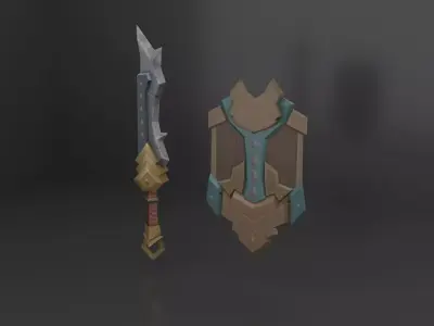 Hand Painted Low Poly Sword Shield Low-poly 3D model