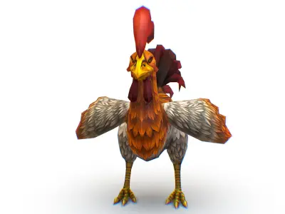 Colorful Rooster With Red Tail Detailed Feathers Low-poly 3D model