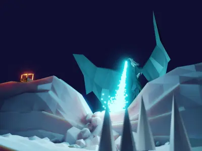 The dragon low poly snowman in middle of frozen lake 3D model