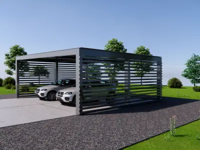 Flat Roof Double Car Carport Steel Frame Shelter Low-poly 3D model