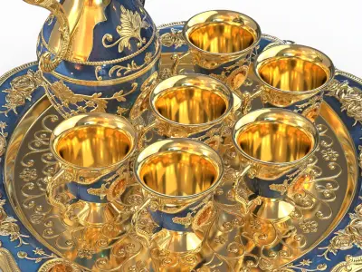Gold Embossed Arabian Tea Set with Kettle and Cups 3D model