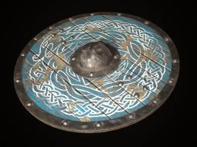 Medieval viking round shield with Midgard serpent Game ready Low-poly 3D model