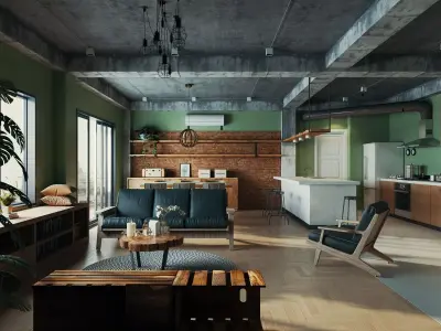 Modern Industrial Loft Living Room And Kitchen Scene 3D model