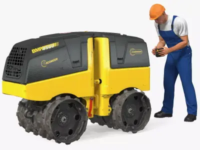 Construction Worker with Trench Roller Bomag BMP8500 Rigged 3D model