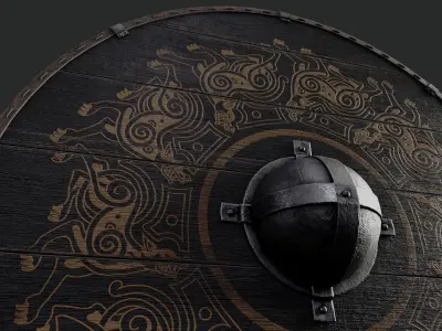 Slavic round wooden shield-painted black with fenrir symbol Low-poly 3D model