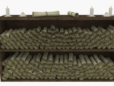 Old shelf with scrolls and candles 3D model