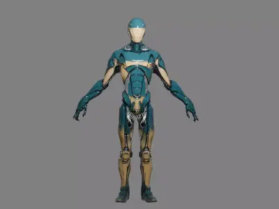 Teal Gold Cybernetic Android Low-poly 3D model