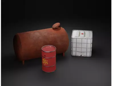 Low poly containers collection three rusty barrels and can Low-poly 3D model