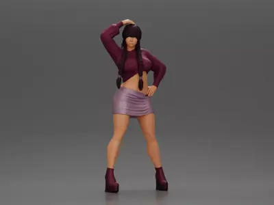 Woman in outfit striking a playful pose with braids and heels 3D print model
