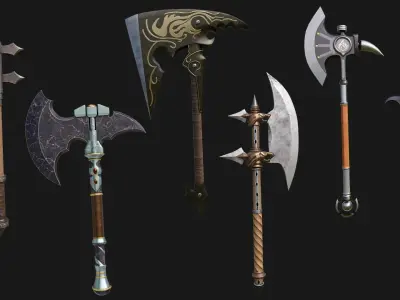 6 Battle Axes Collection All PBR Unity UE Textures Included 3D Model Pack