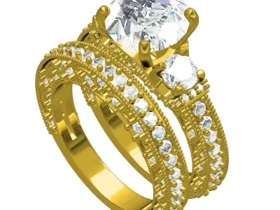 Antique Three Stone Art Deco Engagement Ring with Band 3D print model