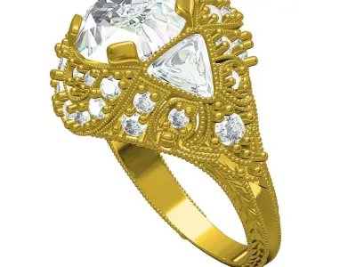 Antique Art Deco Round and Trillion Diamond Engagement Ring 3D print model