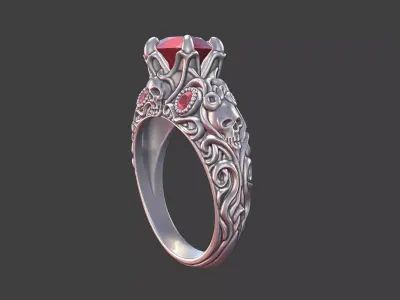 silver antique vintage style skull ring 3D print model