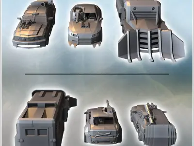 Set of three post-apocalyptic vehicles with improvised armaments 3D print model