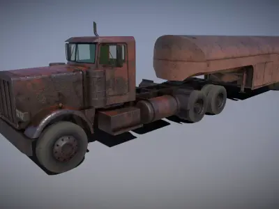 Old American Semi Truck and Tanker Trailer 3D model