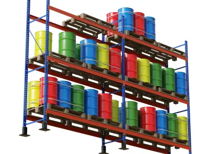 Metal Shelf Pallet Rack And Barrels 3D model