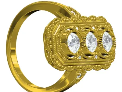 Three Diamond Art Deco Ring 3D print model