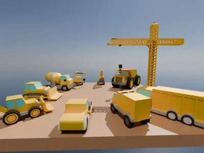 Roblox Ready Low Poly Construction Vehicles and Sign Set Low-poly 3D model