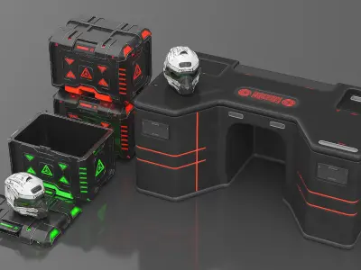 Futuristic Control Console with Helmet and Storage Container 3D model