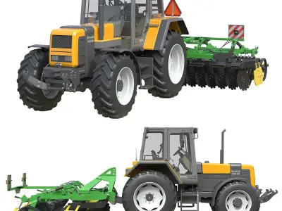Renault 160-94 Tractor and Compact Disc Harrow Low-poly 3D model
