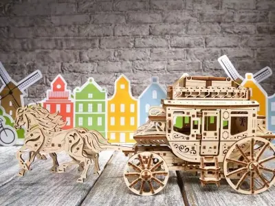 Horse-drawn Stagecoach - 3D DIY Wooden Mechanical Puzzle Model 3D model
