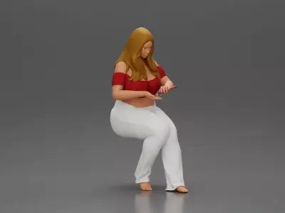 Blonde woman in red top white pants sitting applies hand cream 3D print model